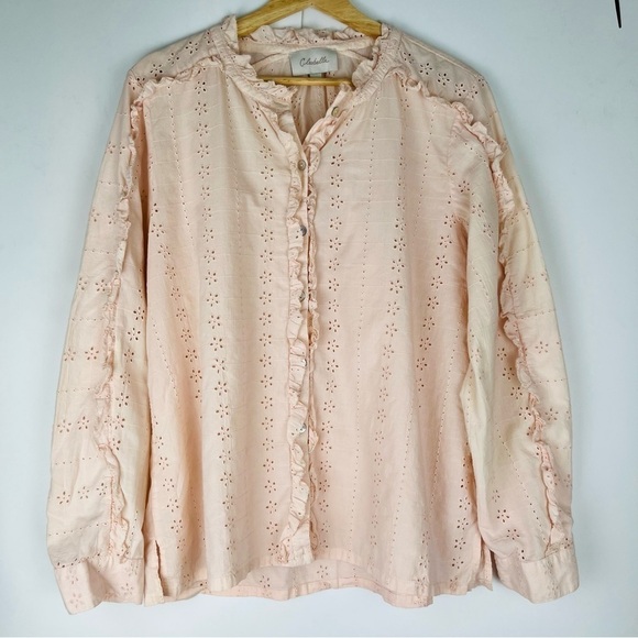 Cleobella Freya Blouse Pale Pink Button Down Eyelet Lace - Picture 2 of 6
